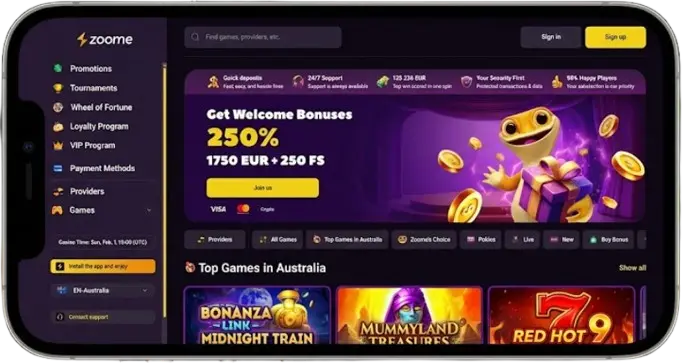 Zoome Casino mobile interface on a smartphone screen for playing online games.