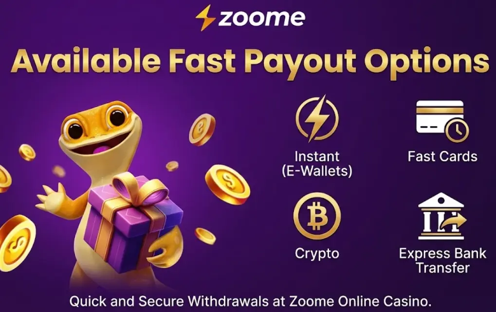 Zoome Casino banner displaying available fast payout options for quick withdrawals.