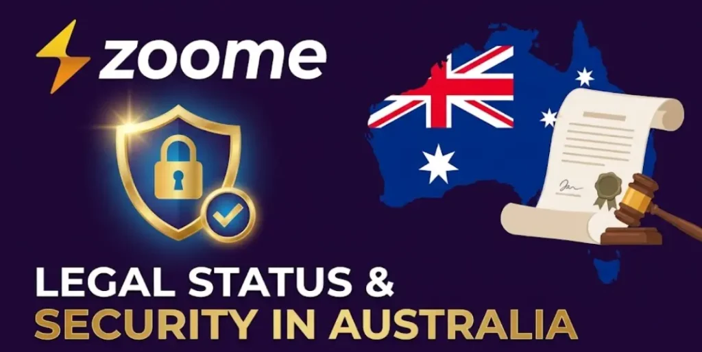 Zoome Casino legal status and security in Australia graphic with a shield, map, and legal scroll.