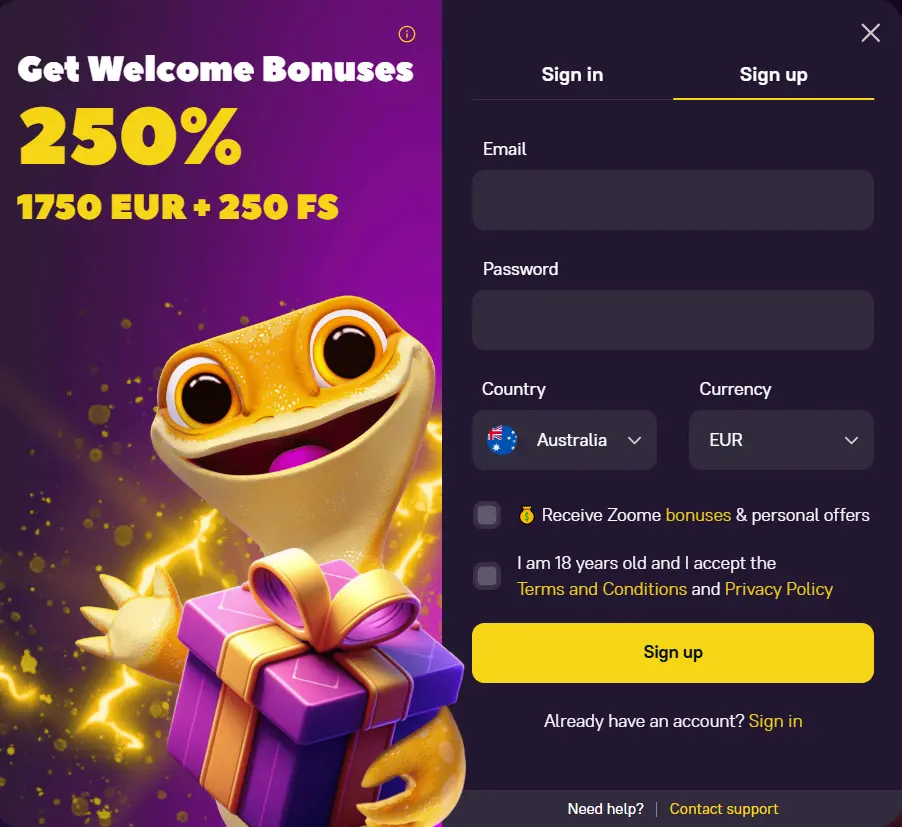 Zoome Casino sign-up form for Australian players to register a new account.