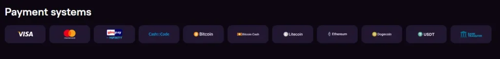 Casino payment method logos like Visa and Bitcoin for depositing and withdrawing funds.