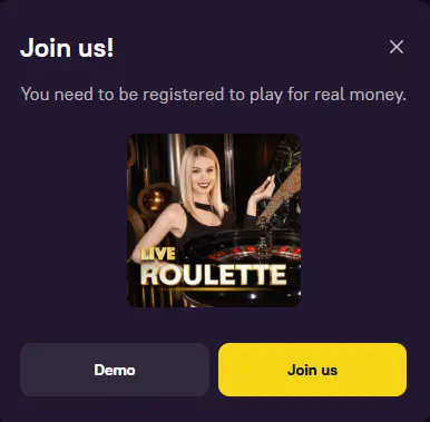A pop-up window prompting registration or demo play for the Live Roulette game.