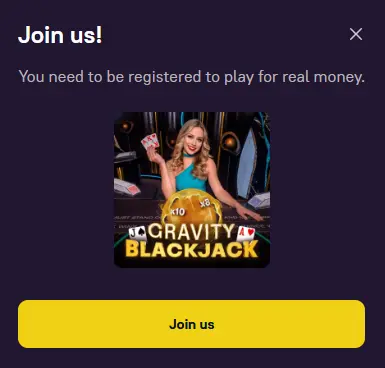 Registration prompt pop-up for Gravity Blackjack to play for real money.