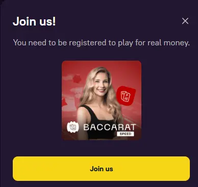A pop-up window prompting registration to play Baccarat Speed for real money.