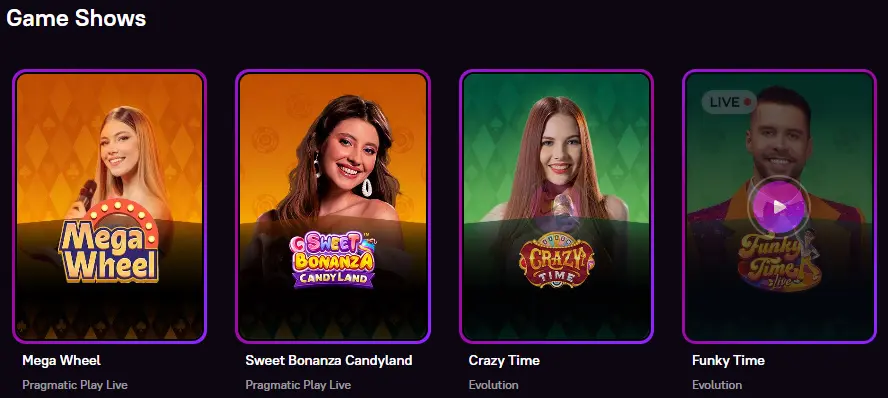 Live game show thumbnails like Crazy Time and Mega Wheel in the "Game Shows" section, highlighting the casino's live entertainment variety.