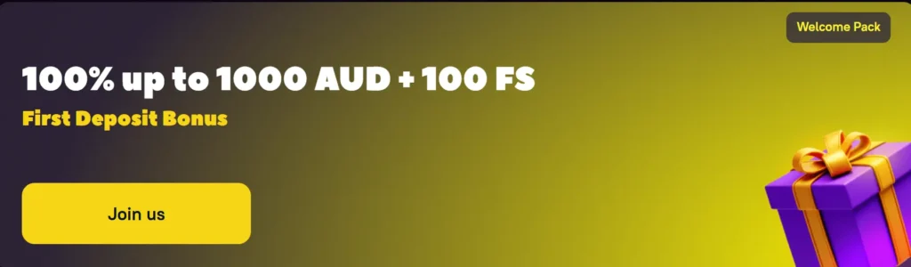 Zoome First Deposit Bonus banner: 100% up to 1000 AUD + 100 FS Welcome Pack offer.
