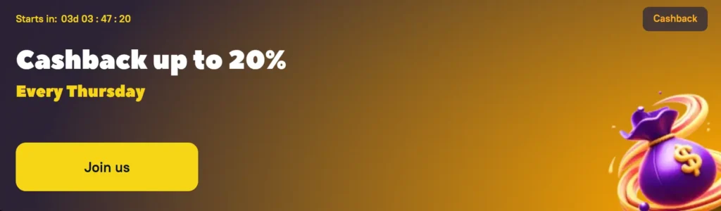 Zoome casino weekly Cashback Bonus banner offering up to 20% every Thursday.