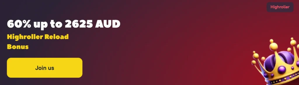 Zoome Highroller Reload Bonus banner: 60% up to 2625 AUD offer with a crown graphic.