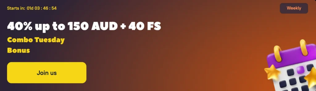 Zoome casino weekly Combo Tuesday Bonus banner offering 40% up to 150 AUD and 40 Free Spins.
