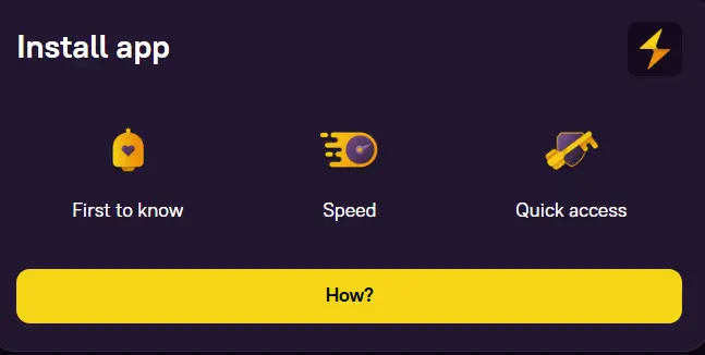 Zoome casino app installation prompt with benefits like speed and quick access.