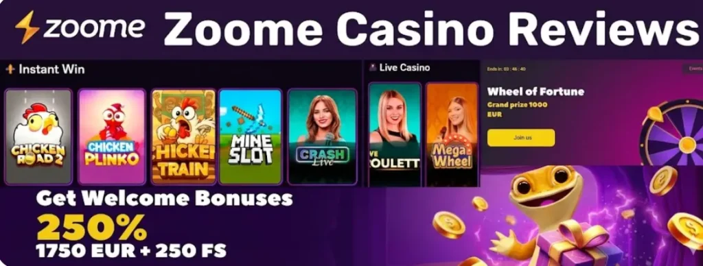 Zoome Casino Reviews" banner with logo, game thumbnails, and welcome bonus offer.