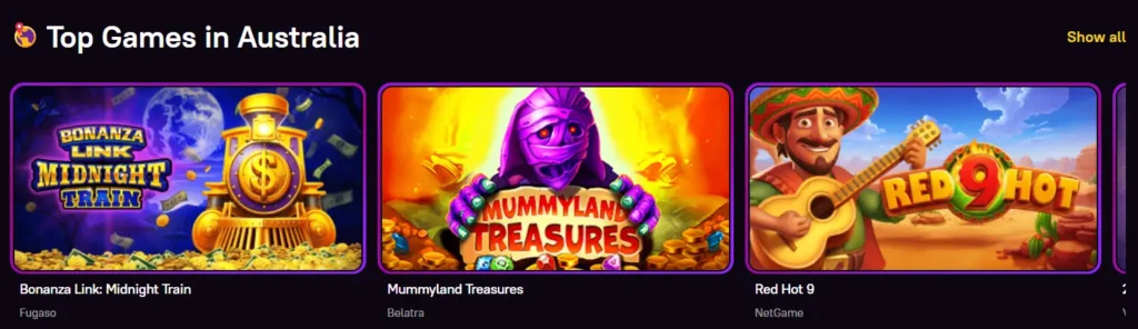 Top Games in Australia section at Zoome Casino displaying popular video slots.