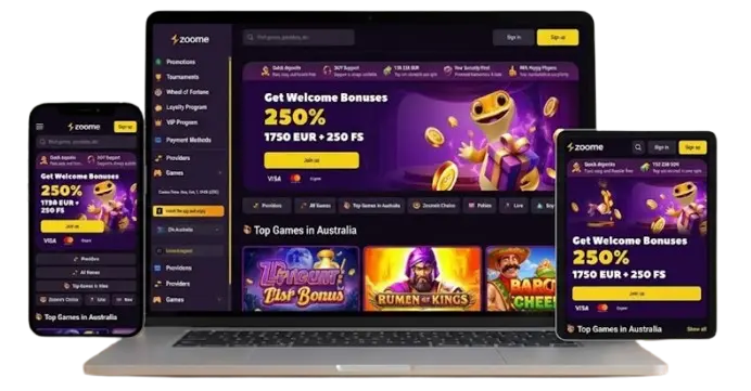 Zoome Casino interface on desktop and mobile devices showing responsive layout.