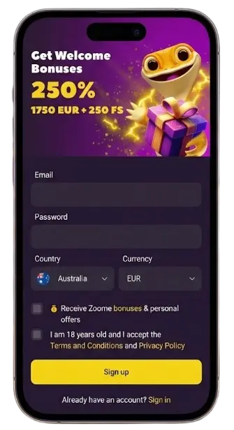 Mobile phone showing the Zoome casino sign-up page with a 250% welcome bonus for new players.