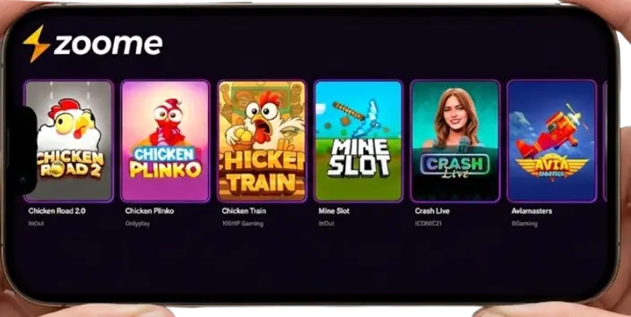 A mobile phone with Zoome games showing the mobile version of Hollywin Casino.