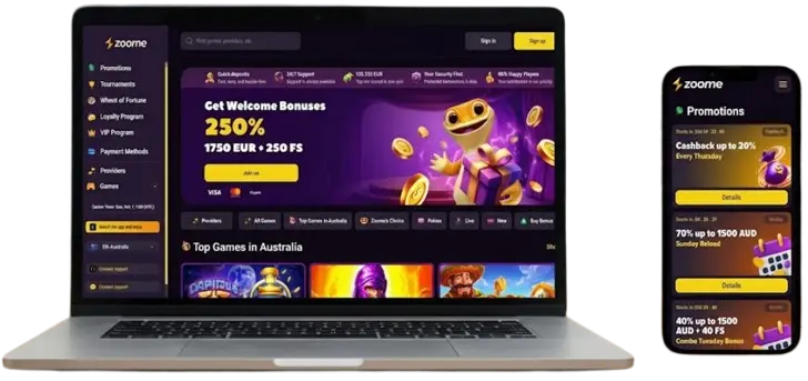 Comparison of the desktop and mobile versions of the Zoome casino website on a laptop and smartphone.